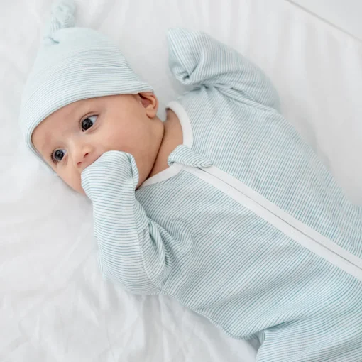 Motherswork x Le Petit Society Baby Organic Knotted Hat in Blue Stripes